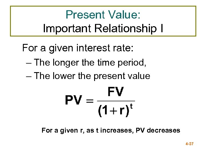Present Value: Important Relationship I For a given interest rate: – The longer the