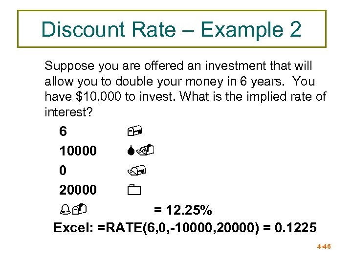 Discount Rate – Example 2 Suppose you are offered an investment that will allow