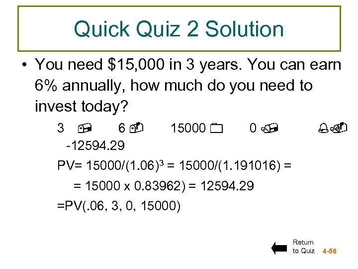 Quick Quiz 2 Solution • You need $15, 000 in 3 years. You can