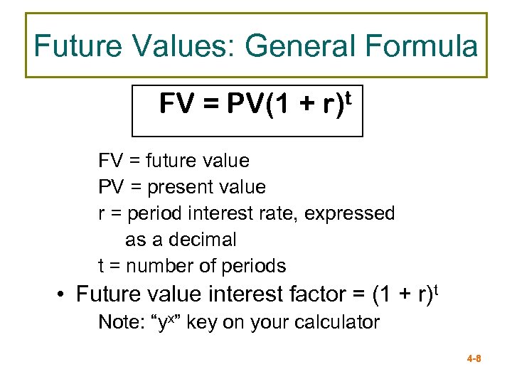 Future Values: General Formula FV = PV(1 + r)t FV = future value PV