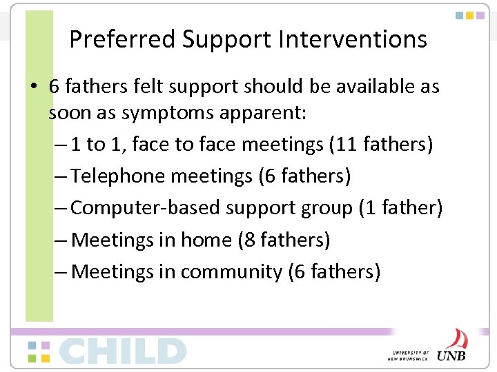 Preferred Support Interventions • 6 fathers felt support should be available as soon as
