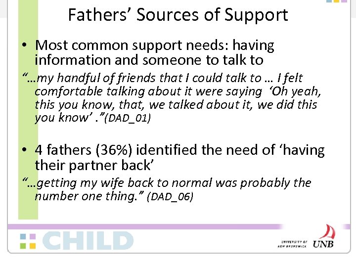 Fathers’ Sources of Support • Most common support needs: having information and someone to