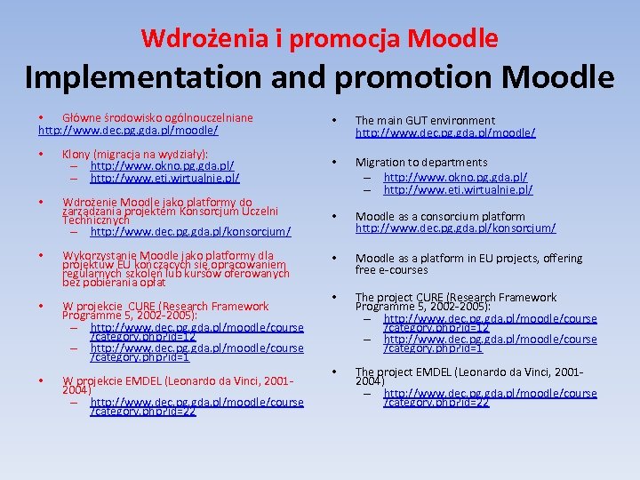 Wdrożenia i promocja Moodle Implementation and promotion Moodle • Główne środowisko ogólnouczelniane http: //www.