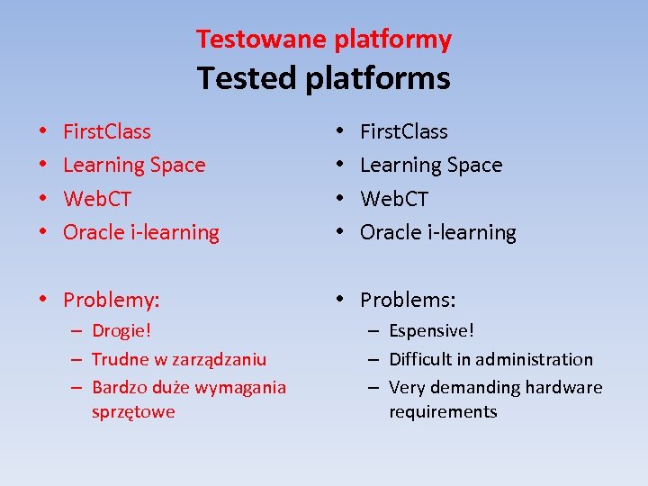 Testowane platformy Tested platforms • • First. Class Learning Space Web. CT Oracle i-learning