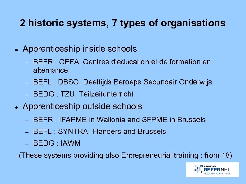 2 historic systems, 7 types of organisations Apprenticeship inside schools BEFL : DBSO, Deeltijds