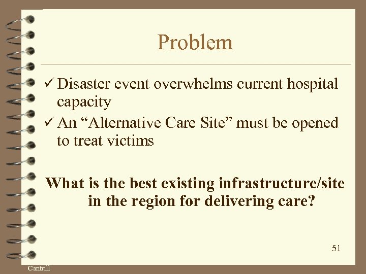 Problem ü Disaster event overwhelms current hospital capacity ü An “Alternative Care Site” must