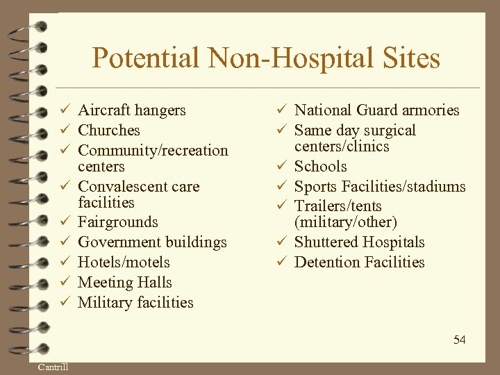 Potential Non-Hospital Sites ü Aircraft hangers ü Churches ü Community/recreation ü ü ü centers