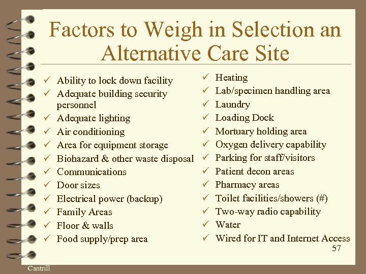 Factors to Weigh in Selection an Alternative Care Site ü ü ü personnel ü