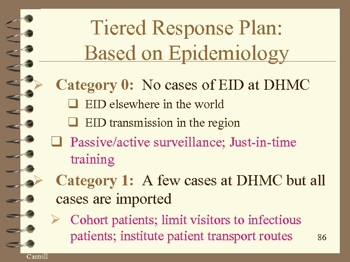 Tiered Response Plan: Based on Epidemiology Ø Category 0: No cases of EID at