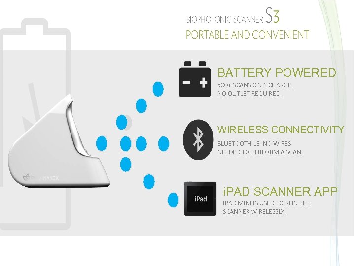 BATTERY POWERED 500+ SCANS ON 1 CHARGE. NO OUTLET REQUIRED. WIRELESS CONNECTIVITY BLUETOOTH LE.