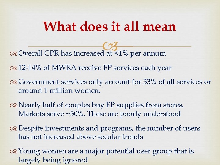 What does it all mean per annum Overall CPR has increased at <1% 12