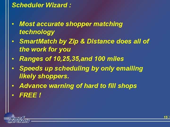 Scheduler Wizard : • Most accurate shopper matching technology • Smart. Match by Zip