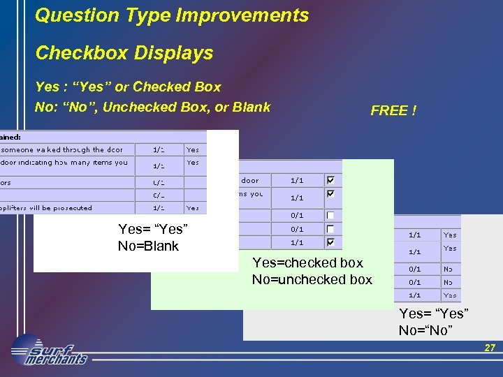 Question Type Improvements Checkbox Displays Yes : “Yes” or Checked Box No: “No”, Unchecked