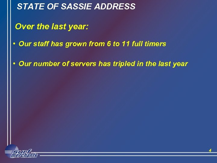 STATE OF SASSIE ADDRESS Over the last year: • Our staff has grown from