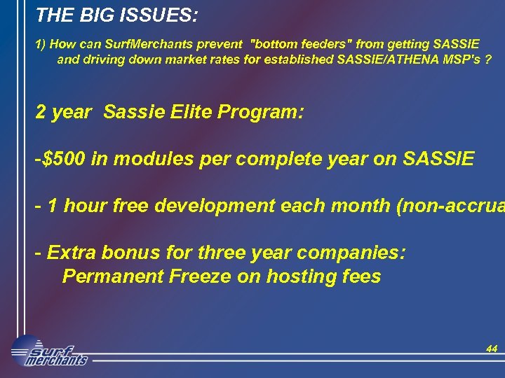 THE BIG ISSUES: 1) How can Surf. Merchants prevent 