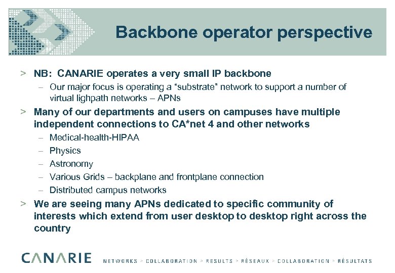 Backbone operator perspective > NB: CANARIE operates a very small IP backbone – Our