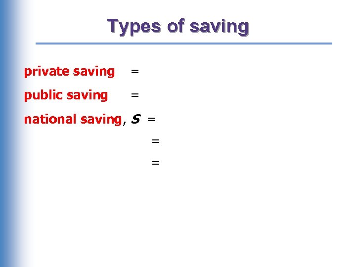 Types of saving private saving = public saving = national saving, S = =