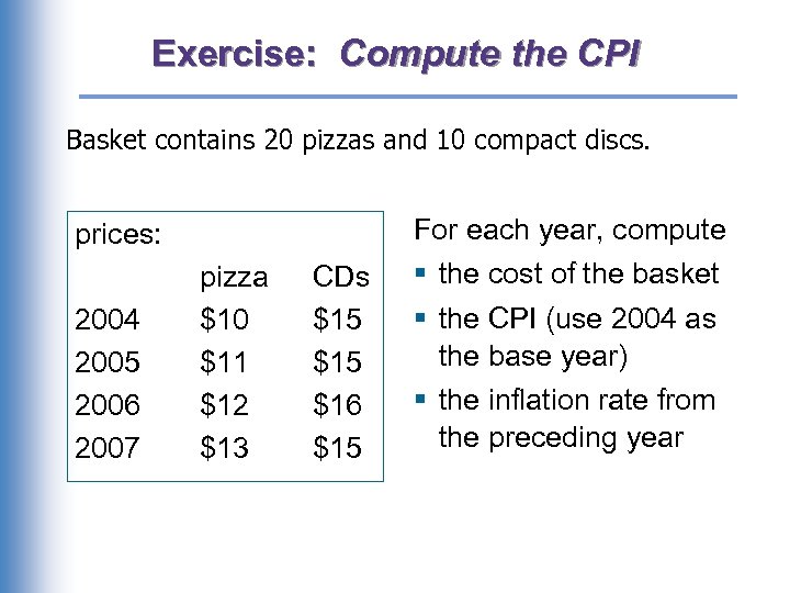 Exercise: Compute the CPI Basket contains 20 pizzas and 10 compact discs. For each