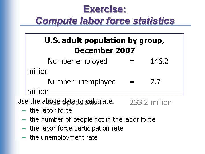 Exercise: Compute labor force statistics U. S. adult population by group, December 2007 Number