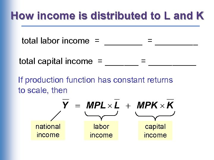 How income is distributed to L and K total labor income = _________ total