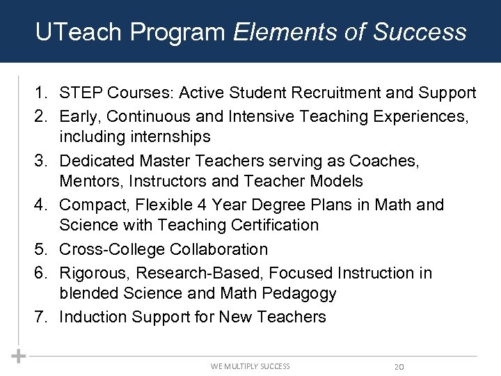 UTeach Program Elements of Success 1. STEP Courses: Active Student Recruitment and Support 2.