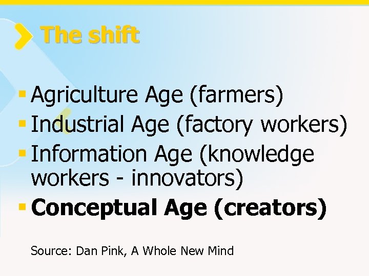 The shift § Agriculture Age (farmers) § Industrial Age (factory workers) § Information Age