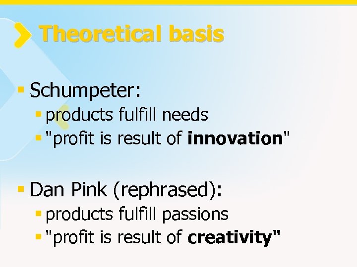 Theoretical basis § Schumpeter: § products fulfill needs § 