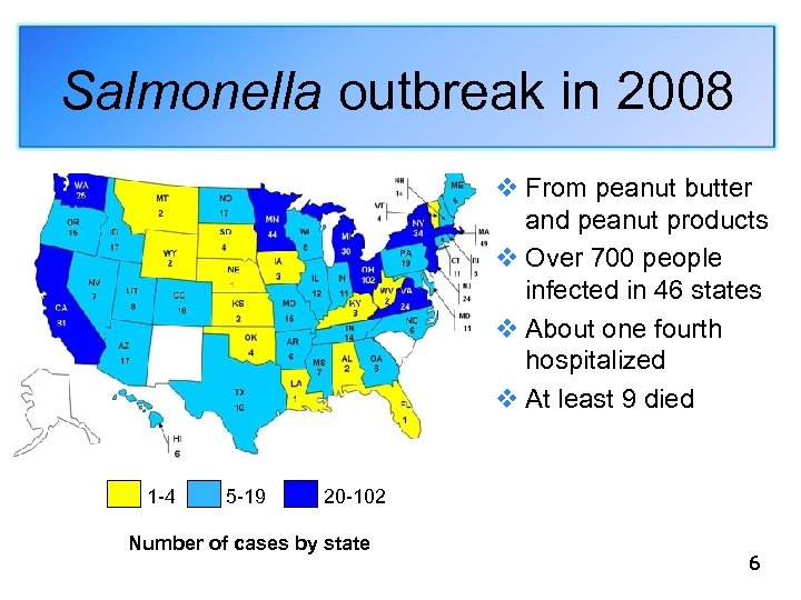 Salmonella outbreak in 2008 v From peanut butter and peanut products v Over 700