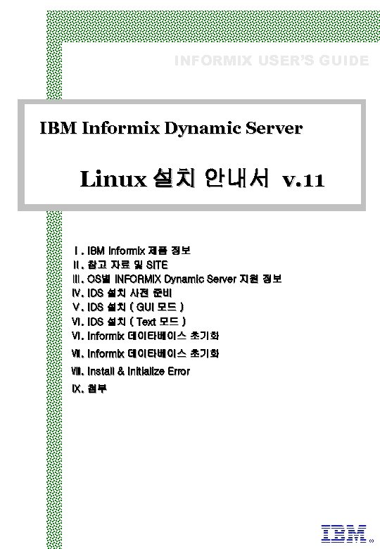 INFORMIX USER’S GUIDE IBM Informix Dynamic Server Linux 설치 안내서 v. 11 Ⅰ. IBM