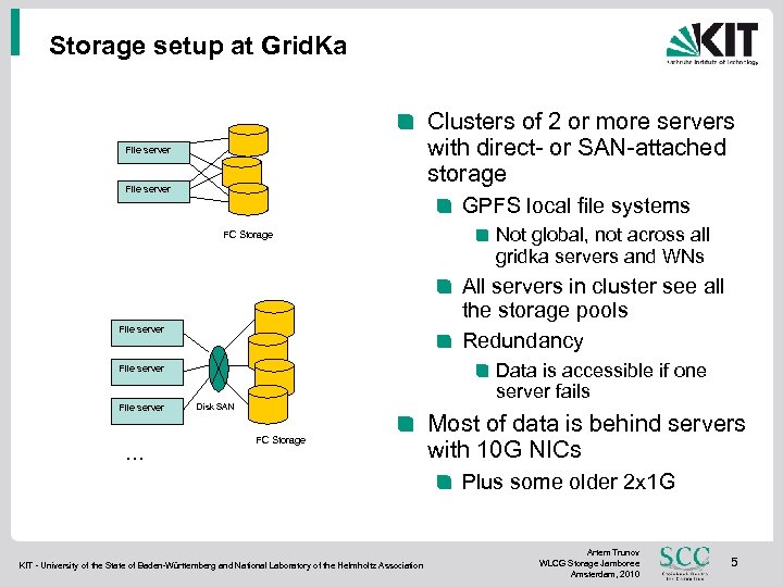 Storage setup at Grid. Ka Clusters of 2 or more servers with direct- or