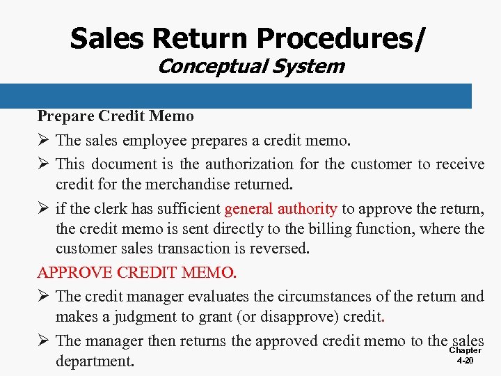 Sales Return Procedures/ Conceptual System Prepare Credit Memo Ø The sales employee prepares a