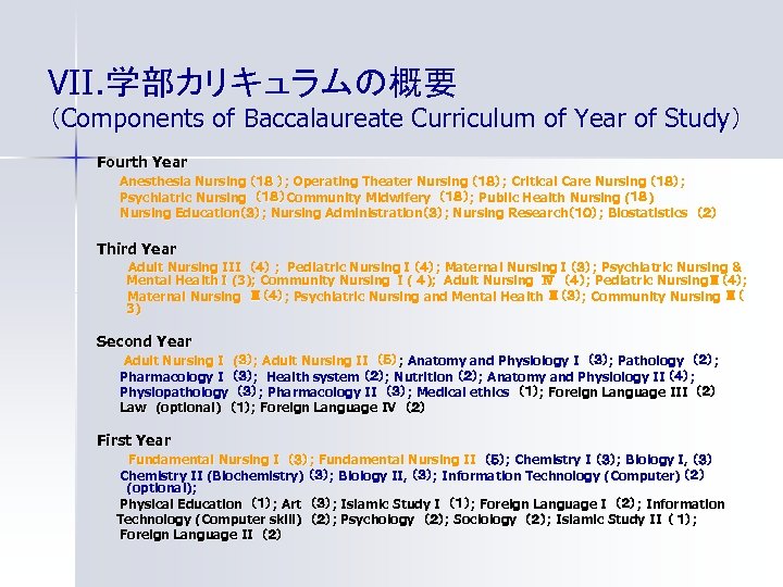 VII. 学部カリキュラムの概要 （Components of Baccalaureate Curriculum of Year of Study ） Fourth Year Anesthesia