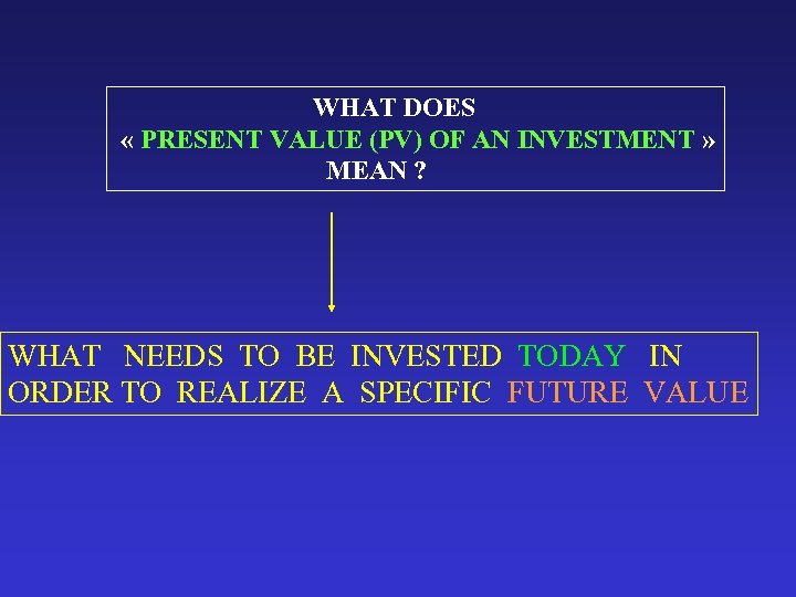  WHAT DOES « PRESENT VALUE (PV) OF AN INVESTMENT » MEAN ? WHAT