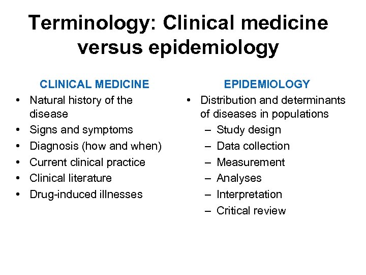 Terminology: Clinical medicine versus epidemiology • • • CLINICAL MEDICINE Natural history of the