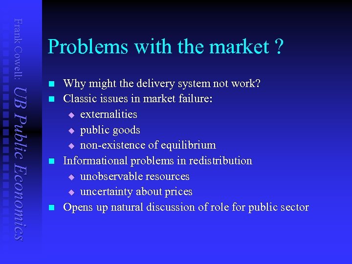 Frank Cowell: Problems with the market ? UB Public Economics n n Why might
