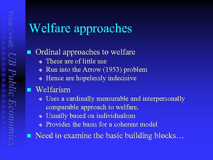 Frank Cowell: Welfare approaches UB Public Economics n Ordinal approaches to welfare u u
