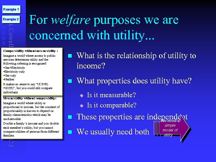 Frank Cowell: Example 1 Example 2 For welfare purposes we are concerned with utility.