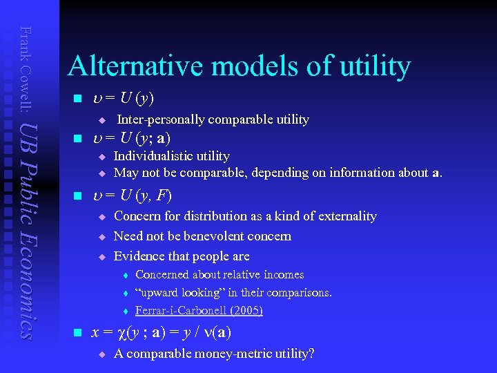 Frank Cowell: Alternative models of utility n u = U (y) UB Public Economics