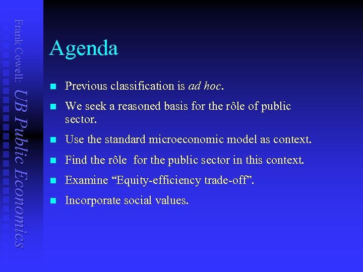 Frank Cowell: Agenda UB Public Economics n Previous classification is ad hoc. n We