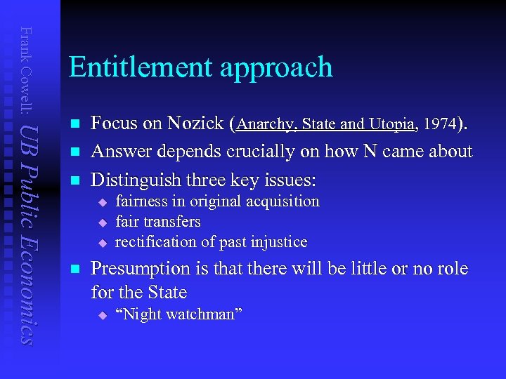 Frank Cowell: Entitlement approach UB Public Economics n n n Focus on Nozick (Anarchy,