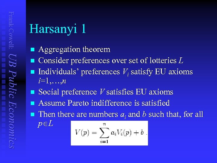 Frank Cowell: Harsanyi 1 UB Public Economics n n n Aggregation theorem Consider preferences