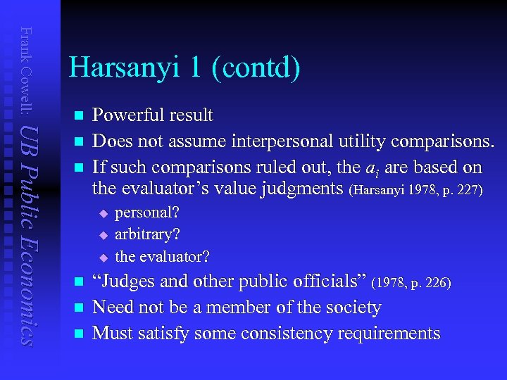 Frank Cowell: Harsanyi 1 (contd) UB Public Economics n n n Powerful result Does