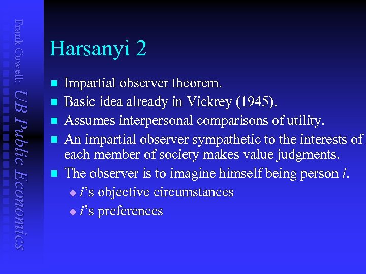 Frank Cowell: Harsanyi 2 UB Public Economics n n n Impartial observer theorem. Basic