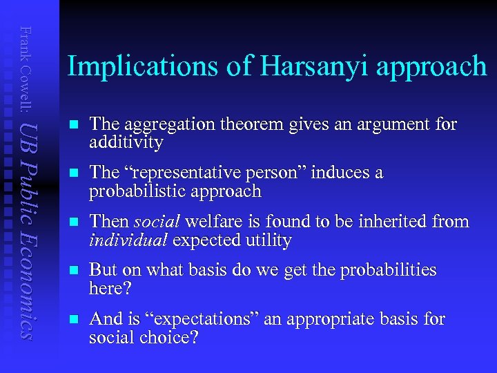 Frank Cowell: Implications of Harsanyi approach UB Public Economics n The aggregation theorem gives