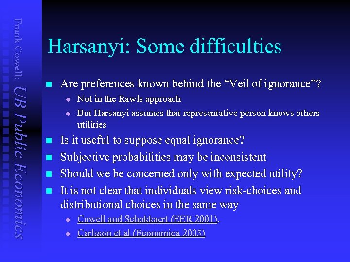 Frank Cowell: Harsanyi: Some difficulties UB Public Economics n Are preferences known behind the