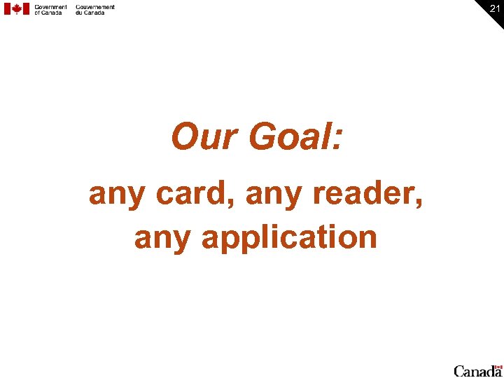 21 Our Goal: any card, any reader, any application 