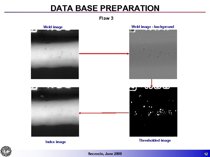 DATA BASE PREPARATION Flaw 3 Weld image - background Weld image Thresholded image Index