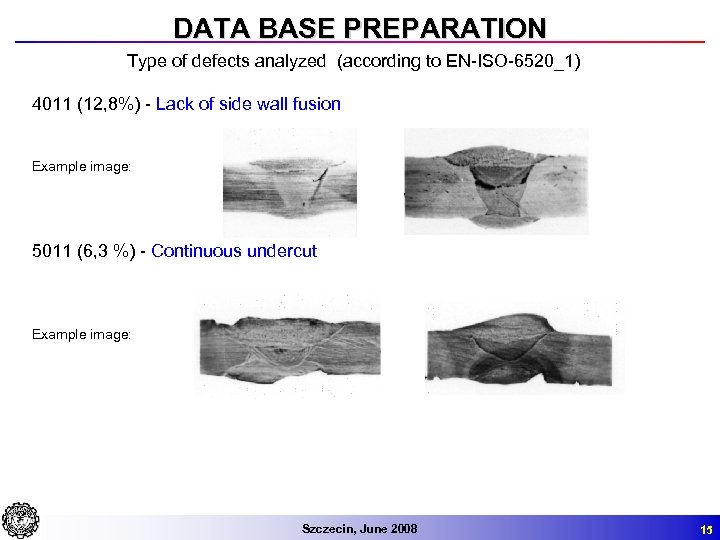 DATA BASE PREPARATION Type of defects analyzed (according to EN-ISO-6520_1) 4011 (12, 8%) -