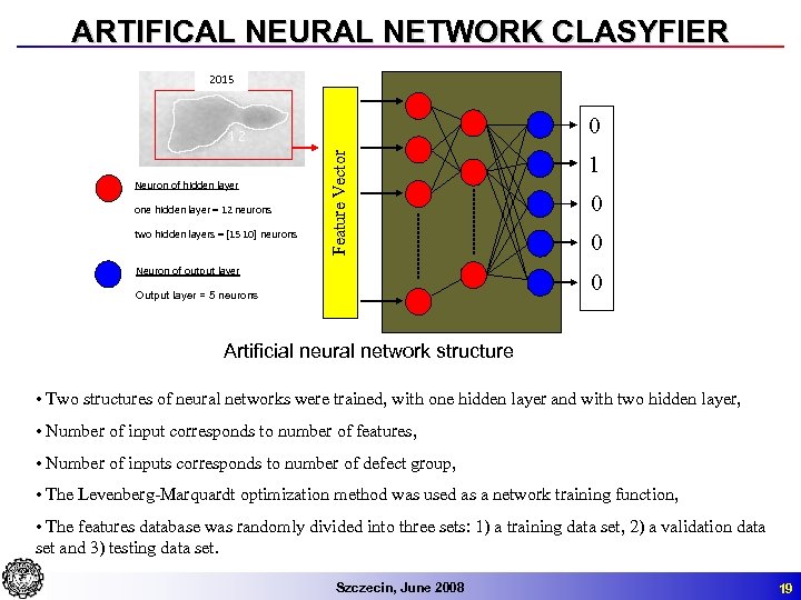 ARTIFICAL NEURAL NETWORK CLASYFIER 2015 Neuron of hidden layer one hidden layer = 12