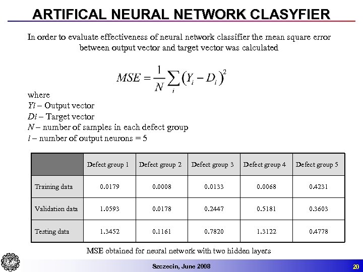 ARTIFICAL NEURAL NETWORK CLASYFIER In order to evaluate effectiveness of neural network classifier the